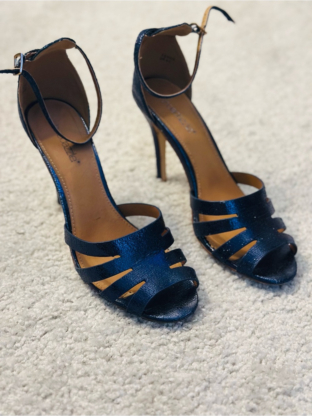 Shoe Dazzle Metallic Navy Strappy Ankle-Strap Heels